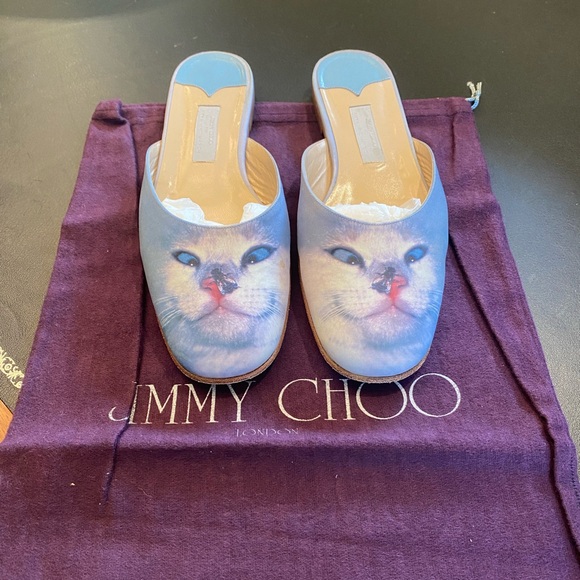 Jimmy Choo Blue Cat Print Mules - Picture 2 of 7